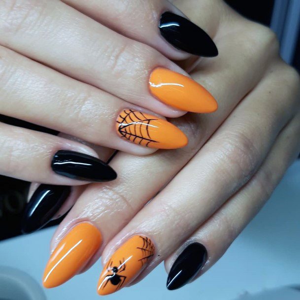 Halloween Spider Orange And Black Glossy Nail Design For Women