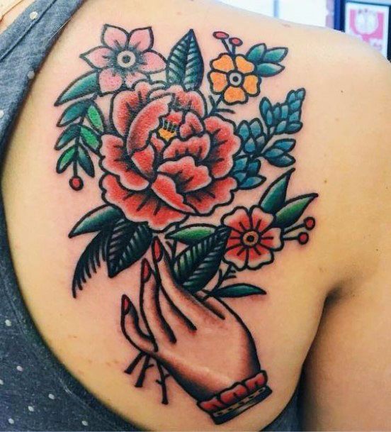 Hand With Bouquet American Traditional Tattoo Womens Back