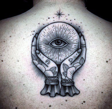 Hands Holding Eye Tattoo Womens Back