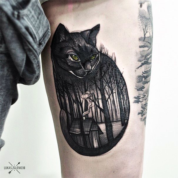 Haunted Forest Cat Tattoo Women Thighs