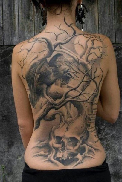 Haunted Tree With Skull Root And Crow Tattoo Womens Back