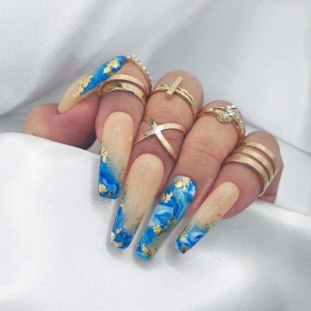 Hazel And Blue Water Nails With Gold Women Art