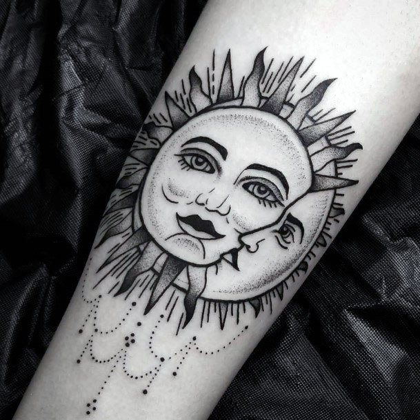 Hazy Sun And Moon Tattoo For Women