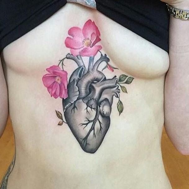 Heart And Flowers Tattoo Womens Chest