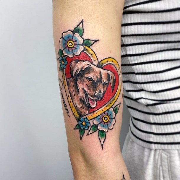 Heart And Flowers With Dog Tattoo For Women