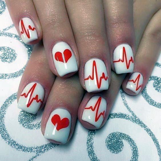 Heart Bearts And Love Red And White Short Nails For Women