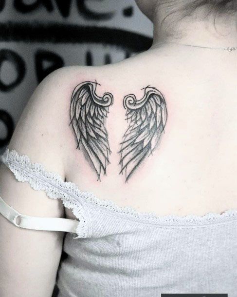 Heart Shaped Angel Wings Tattoo Womens Shoulder