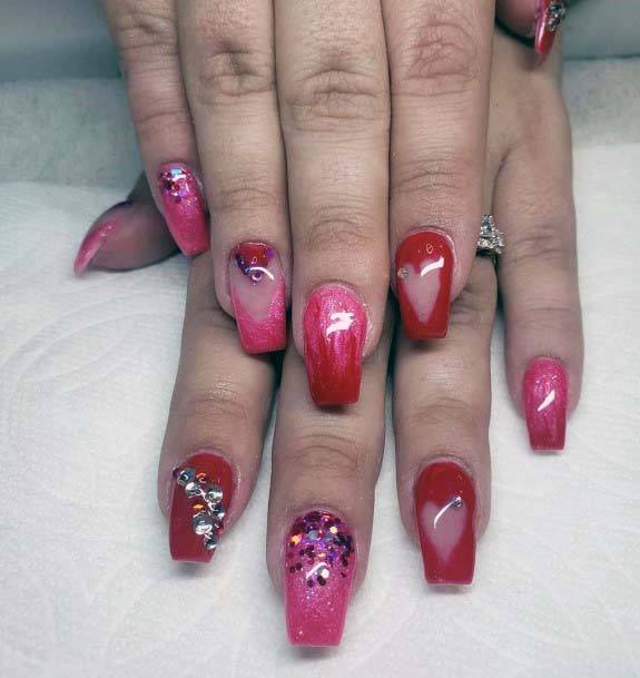 Heart Stencil And Sparkles Red And Pink Nails For Women