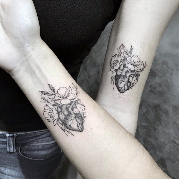 Heartbeat With Flowers Sister Tattoo Women