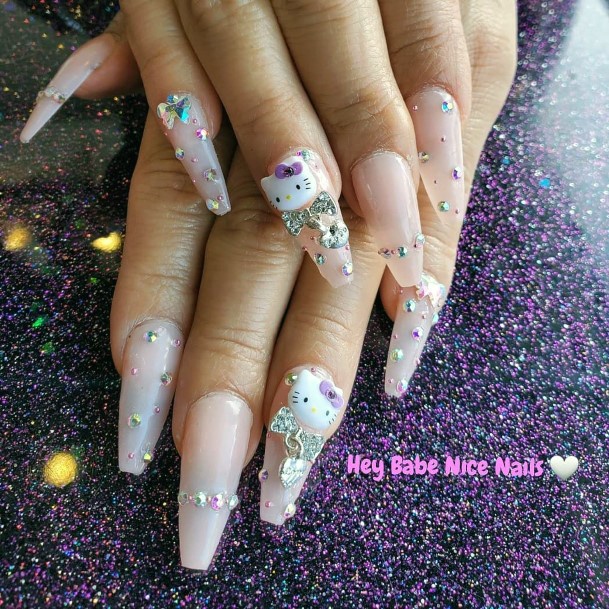 Hello Kitty Nails With Rhinestone