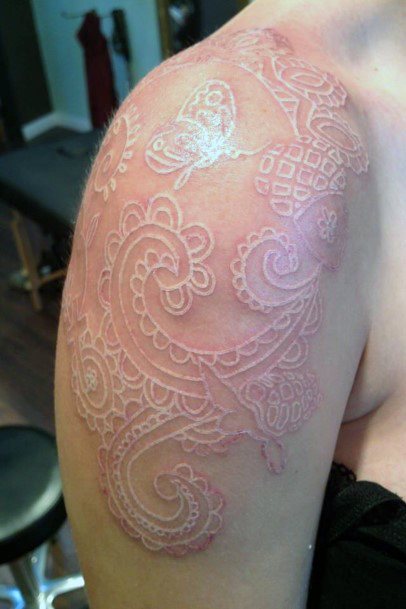 Henna Art White Ink Womens Shoulder Tattoo