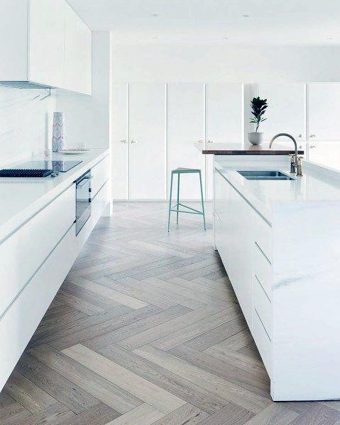 Herringbone Hardwood Oak Floor With White Kitchen Cabinet Ideas