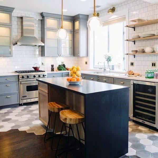 Hexagon Grey And Hardwood Designs Kitchen Tile Floor