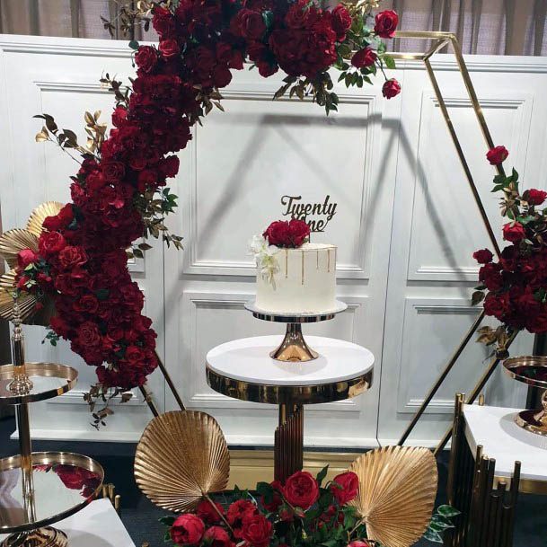 Hexagonal Platform With Red Flowers Wedding