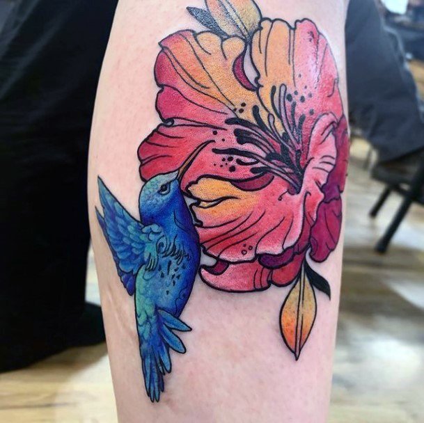 Hibiscus And Blue Bird Tattoo Womens Legs