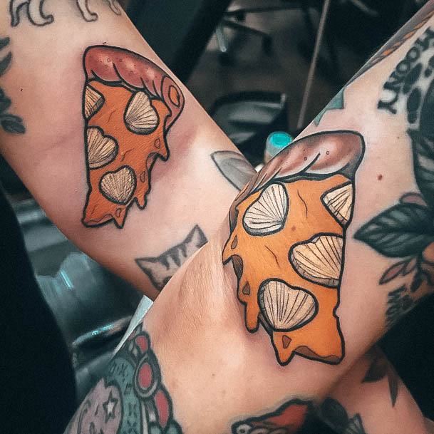 His And Hers Couples Forearm Girl With Darling Pizza Tattoo Design