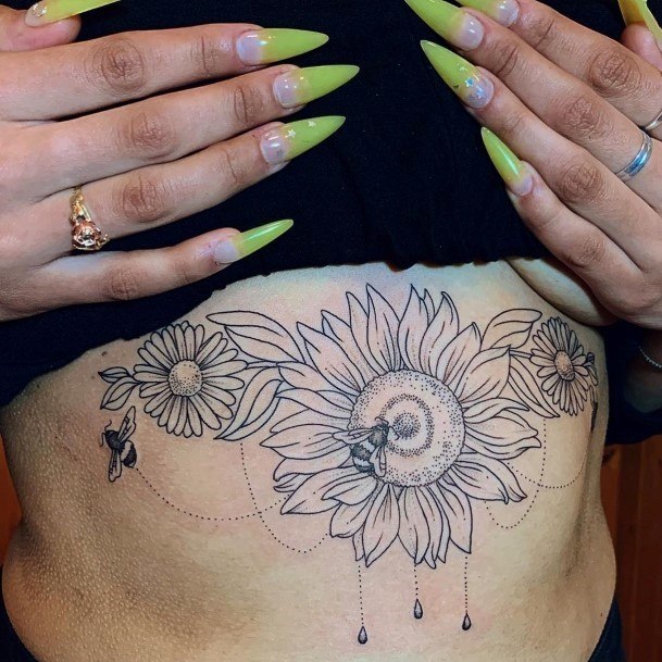 Honey Bees And Sunflower Tattoo Womens Torso