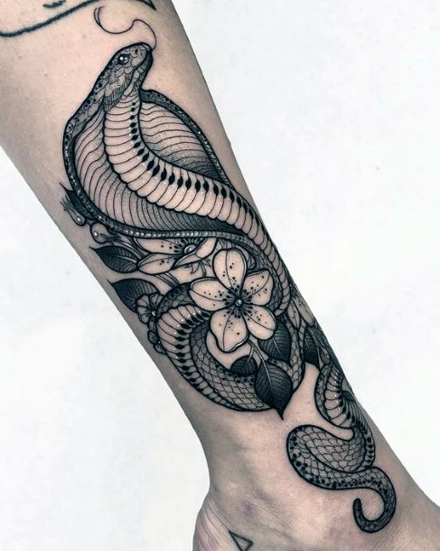 Hooded Snake Tattoo With Blooms Womens Calves