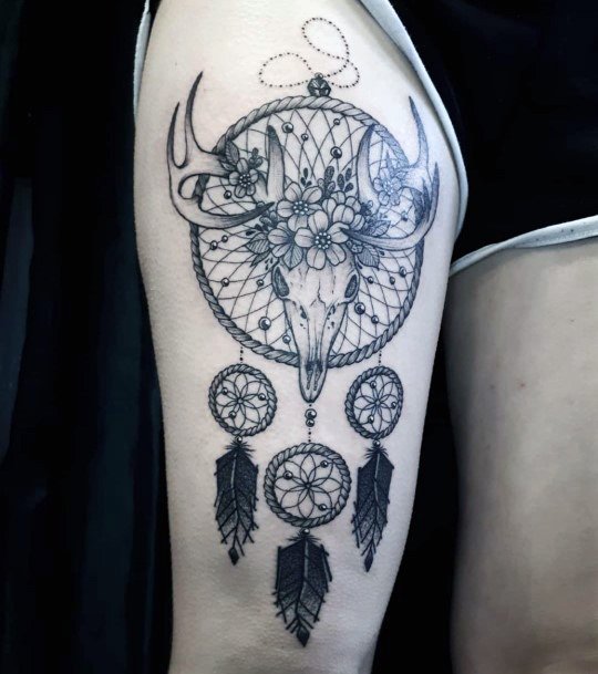 Horned Beast Dream Catcher Tattoo Womens Arms