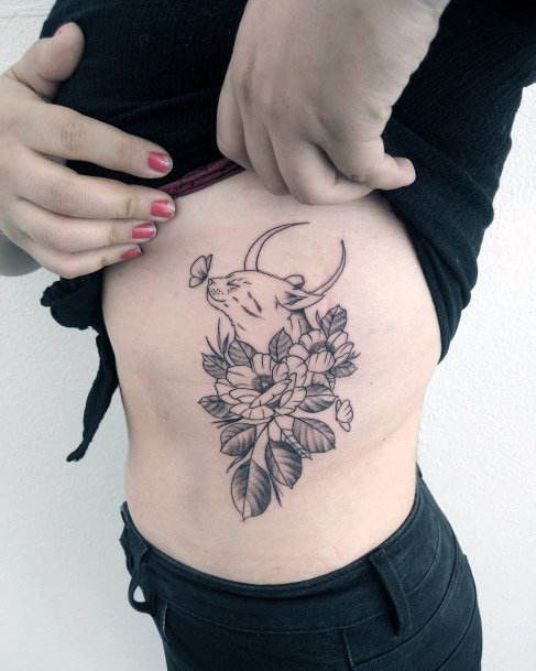 Horned Cat And Flowers Tattoo Womens Torso