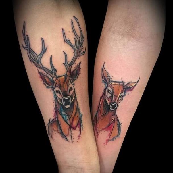 Horned Reindeer Tattoo Couple Forearms