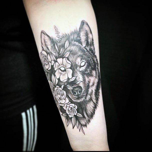 Horrific Wolf And Flowers Tattoo Women Forearms