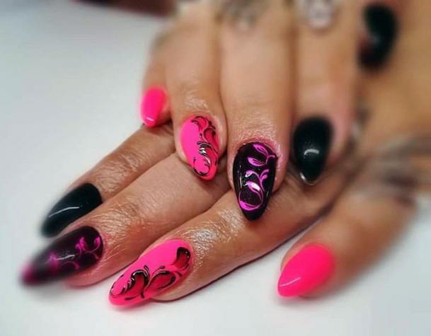 Hot Pink And Black Curvy Art On Nails For Women