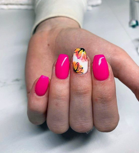 Hot Pink Nails With Blossoms