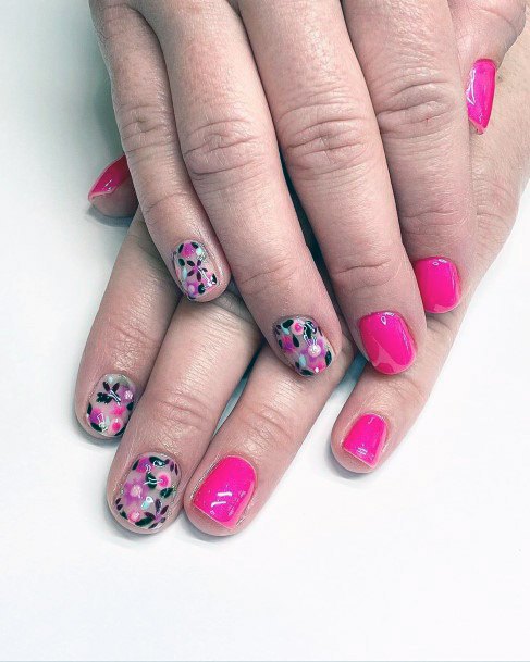 Hot Pink Spring Floral Nails Women