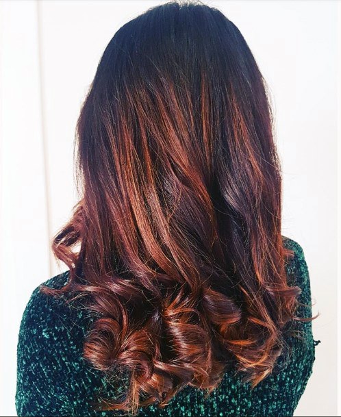 Hottest Dark Brown Rooted Reddish Highlighted Curly Womens Hairstyle Idea