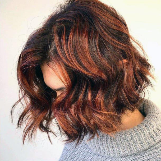 Hottest Fiery Red Highlighted Dark Brown Textured Bob Womens Hairstyle