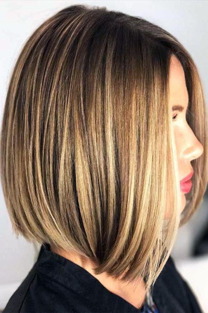 Hottest Layered Brown And Blonde Highlighted Sleek Bob Womens Hairstyle