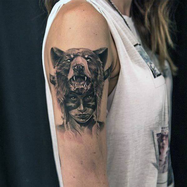 Howling Bear And Lady Tattoo Womens Arms