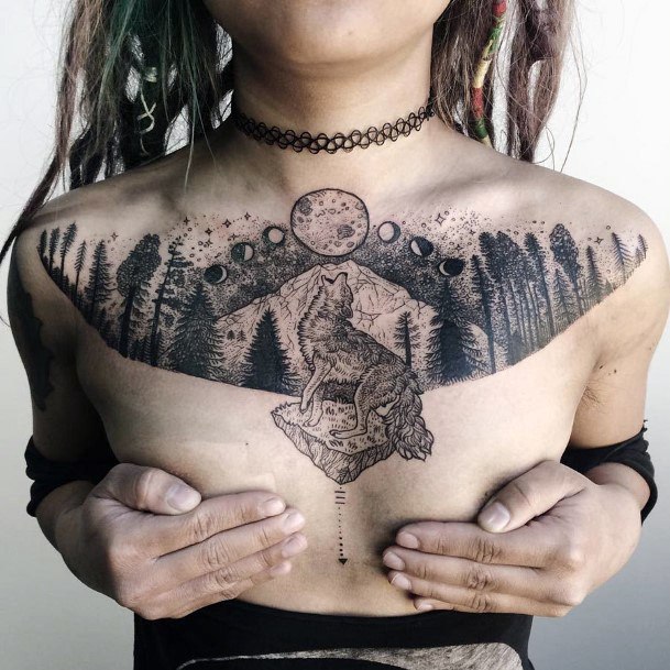 Howling Wolf On Full Moon Light And Mountain Peaks Womens Chest Tattoo