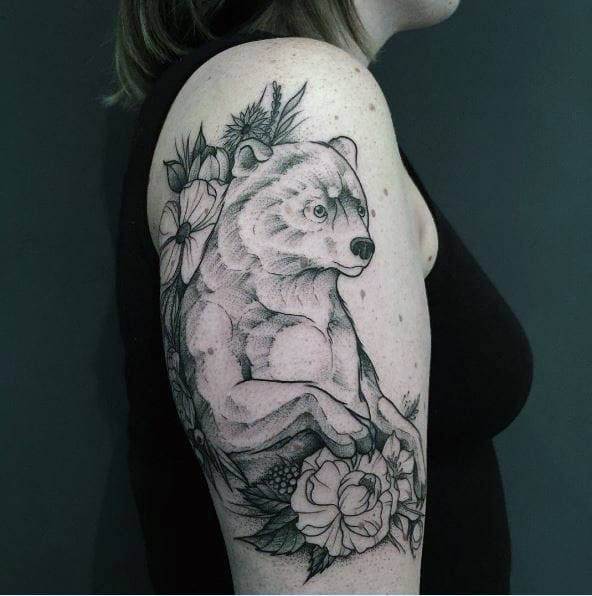 Huge Bear And Flowers Tattoo For Women