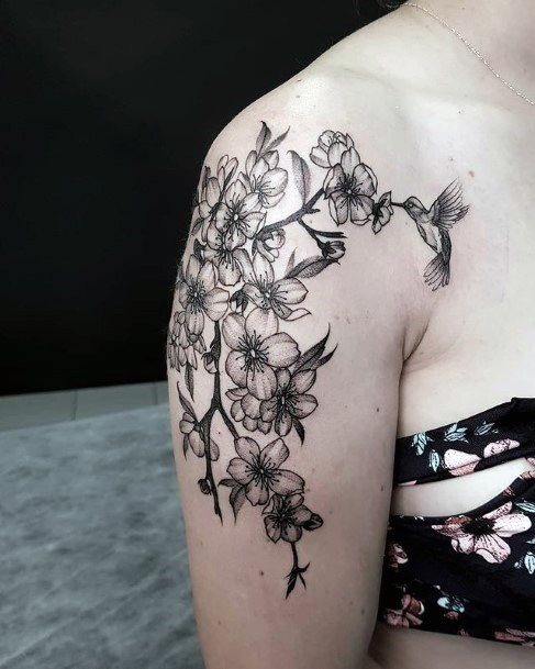 Huge Flowers And Hummingbird Black Tattoo Women