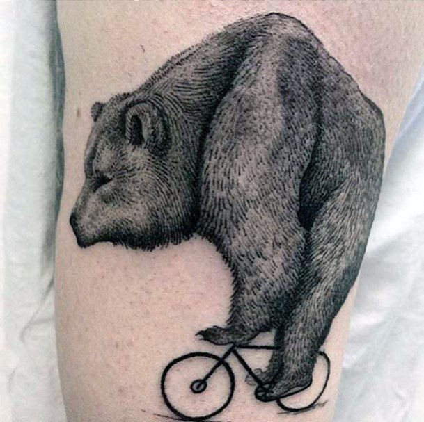 Huge Grey Bear On Cycle Tattoo For Women