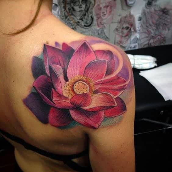Huge Pink Lotus Womens Shoulder Tattoo
