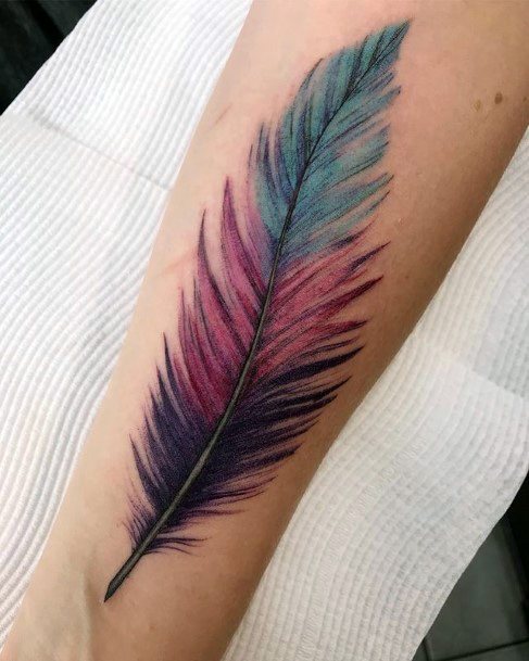 Huge Purple And Blue Toned Feather Tattoo Women