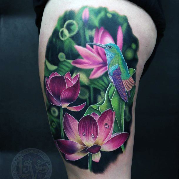 Humming Bird And Pink Flower Tattoo Womens Thighs