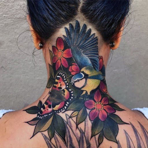 Humming Bird Butterfly And Flowers Lovely Womens Tattoo On Neck