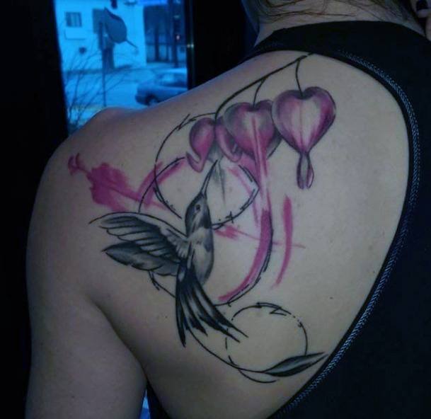 Hummingbird And Purple Tattoo Womens Back