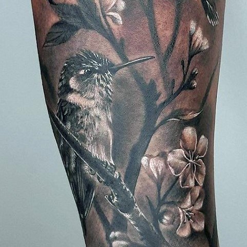 Hummingbird In Forest Tattoo Womens Legs