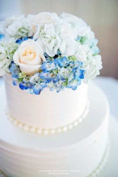 Hydrangea Wedding Flowers On Smooth White Cake