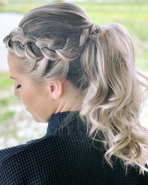 Icy Blonde Hair With Side Large Braid Pulled Into Ponytail
