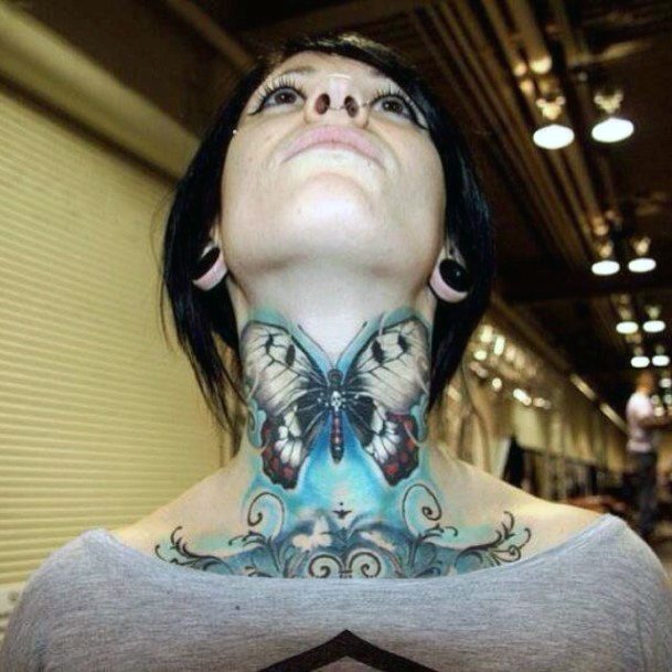 Icy Cool Butterfly Neck Tattoo For Women
