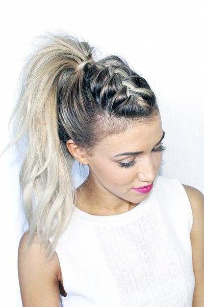 Icy White Ends Dark Roots Thick Center Braid Into Ponytail With Hair Wrap