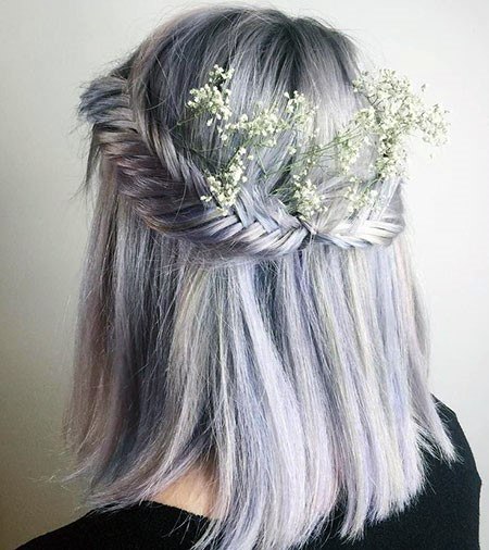 Icy White Hair Color With Purple Hues Fishtail Braid Baby’s Breath