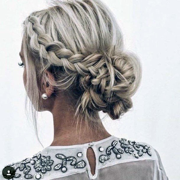 Icy White Hair On Girl Crown Braid Into Low Messy Bun