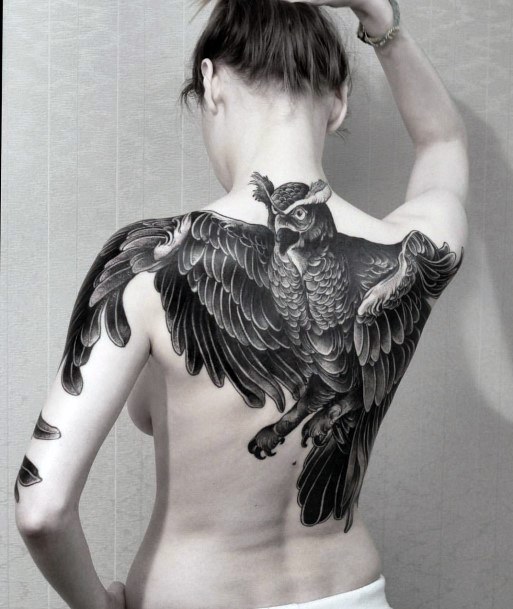 Impressive Black Owl Tattoo For Women